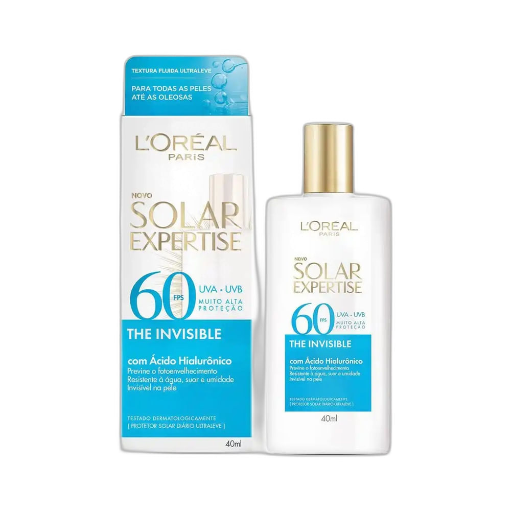Protetor solar facial L'Oréal Expertise Fluido sem Cor FPS 60 em embalagem branca com tampa dourada.