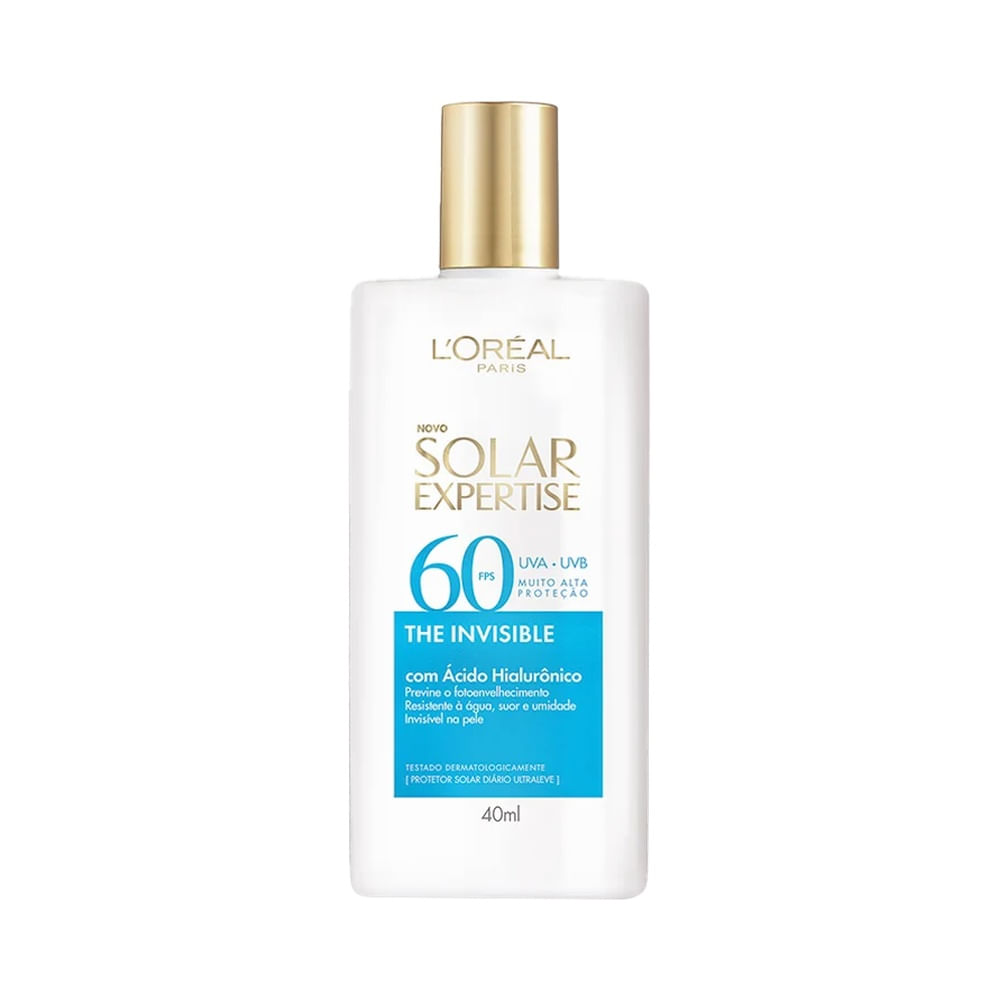 Frasco do Protetor Facial L'Oréal Expertise Fluido sem Cor FPS 60 40g em fundo branco.