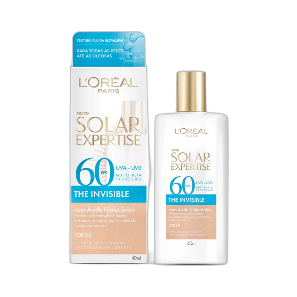 Embalagem do Protetor Facial L'Oréal Expertise Fluido com Cor 2.0 FPS 60 40g em destaque
