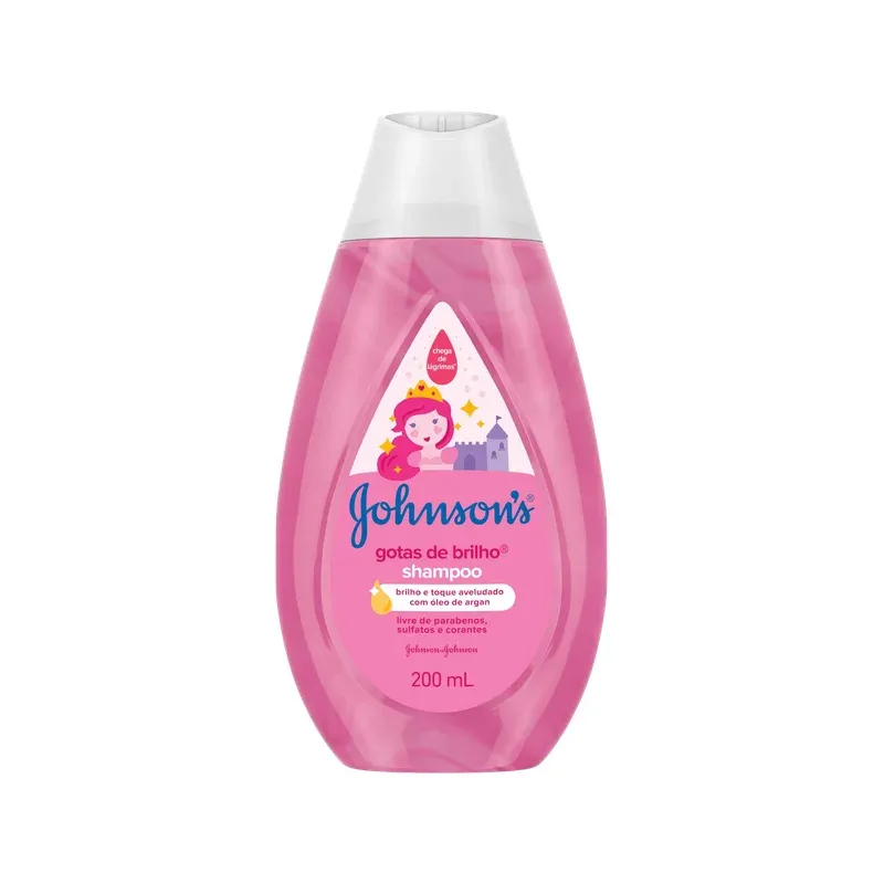 Frasco de shampoo infantil Johnson's Gotas de Brilho, 200ml, em fundo branco, mostrando rótulo e tampa