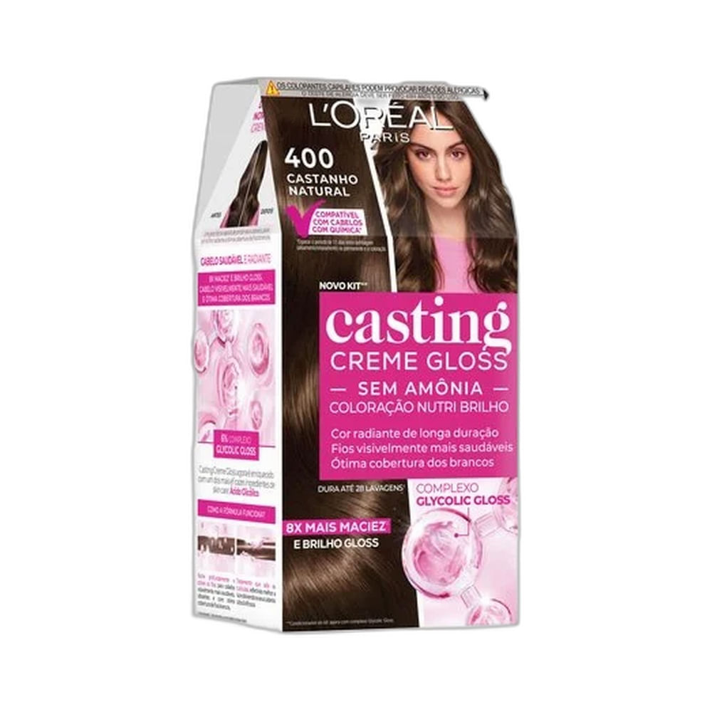 Embalagem da tintura L’Oréal Paris Casting Creme Gloss 400 Castanho Natural em destaque.
