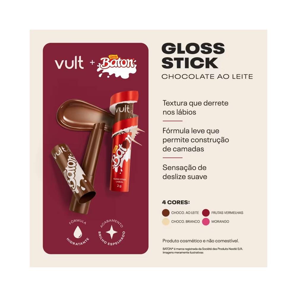 Gloss Stick Vult Batom Translúcido com Glitter dourado em fundo branco