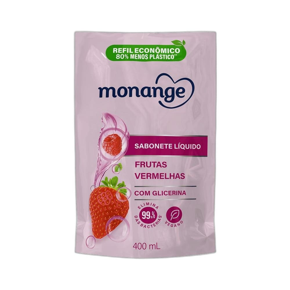Frente da embalagem refil do Sabonete Líquido Monange Frutas Vermelhas 400ml