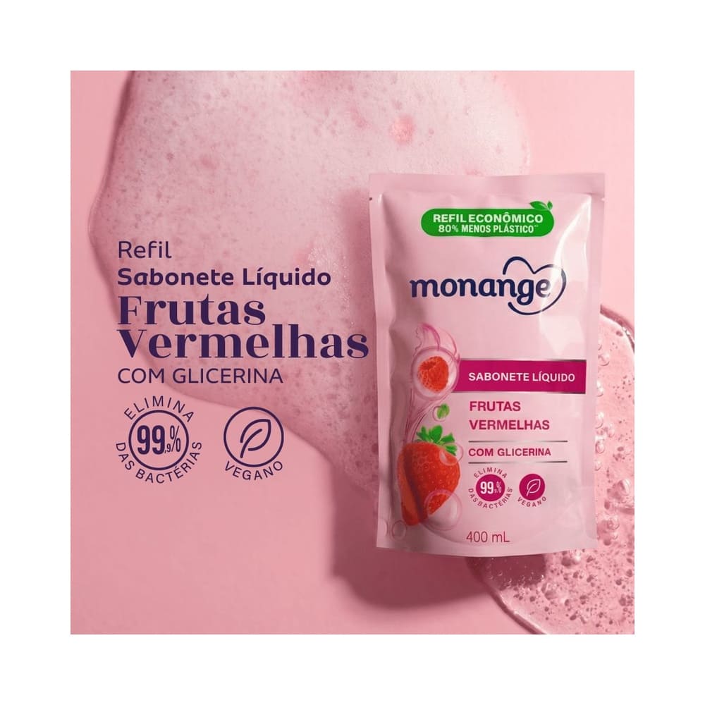 Embalagem rosa do refil Sabonete Líquido Monange Frutas Vermelhas 400ml