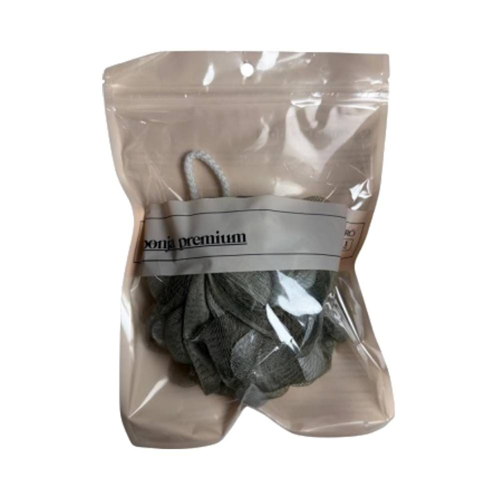 Detalhe da Bucha de Banho The Pro Premium Dark Green com cordão branco