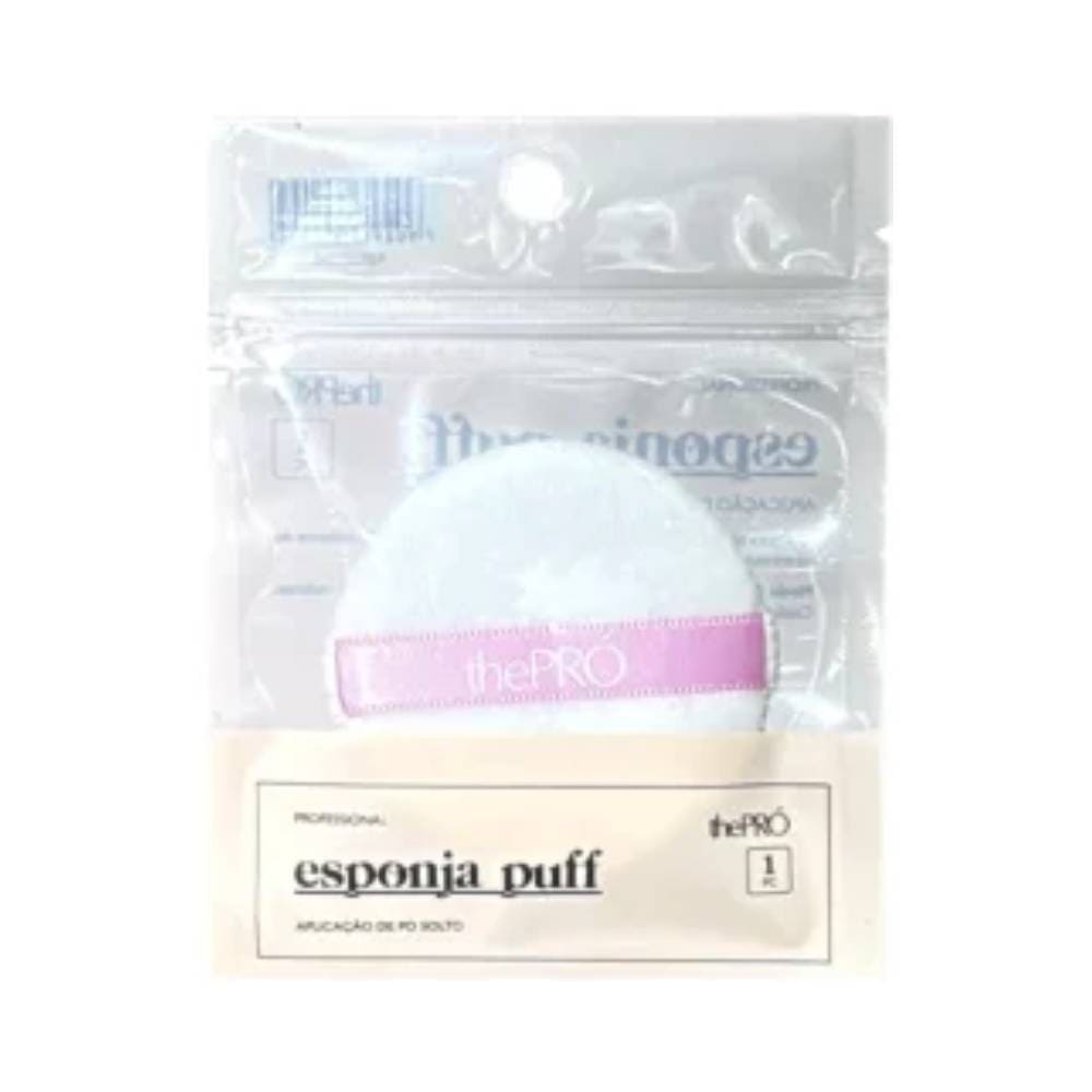 Esponja de Maquiagem The Pro Puff para Pó branca com faixa rosa na embalagem.