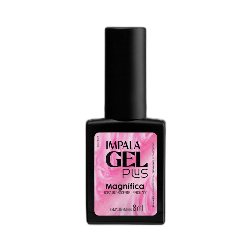 Esmalte Impala Gel Plus Magnífica 8ml em fundo branco, tampa e frasco pretos.