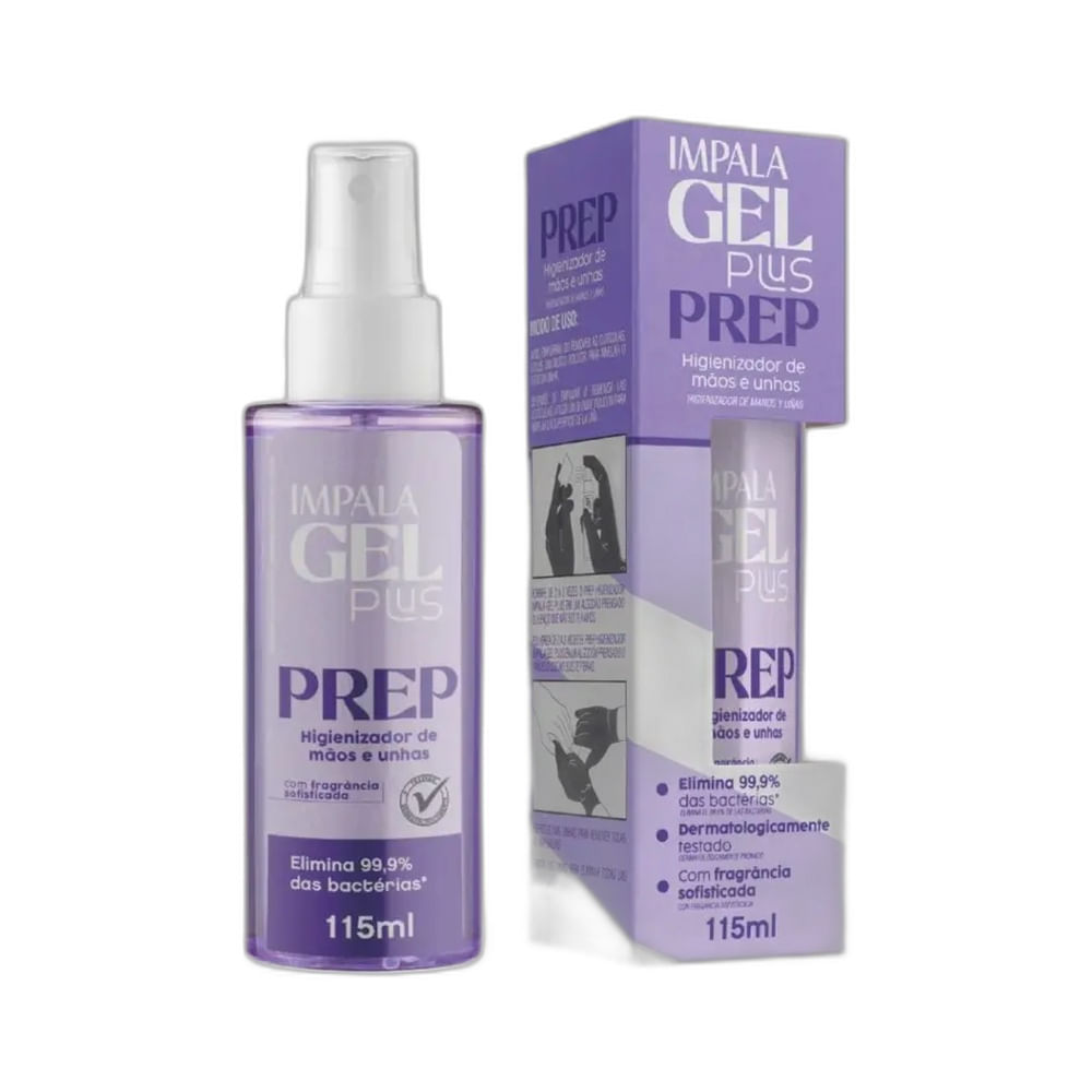 Frasco do Higienizador Impala Gel Plus Prep Mãos e Unhas 115ml em destaque.