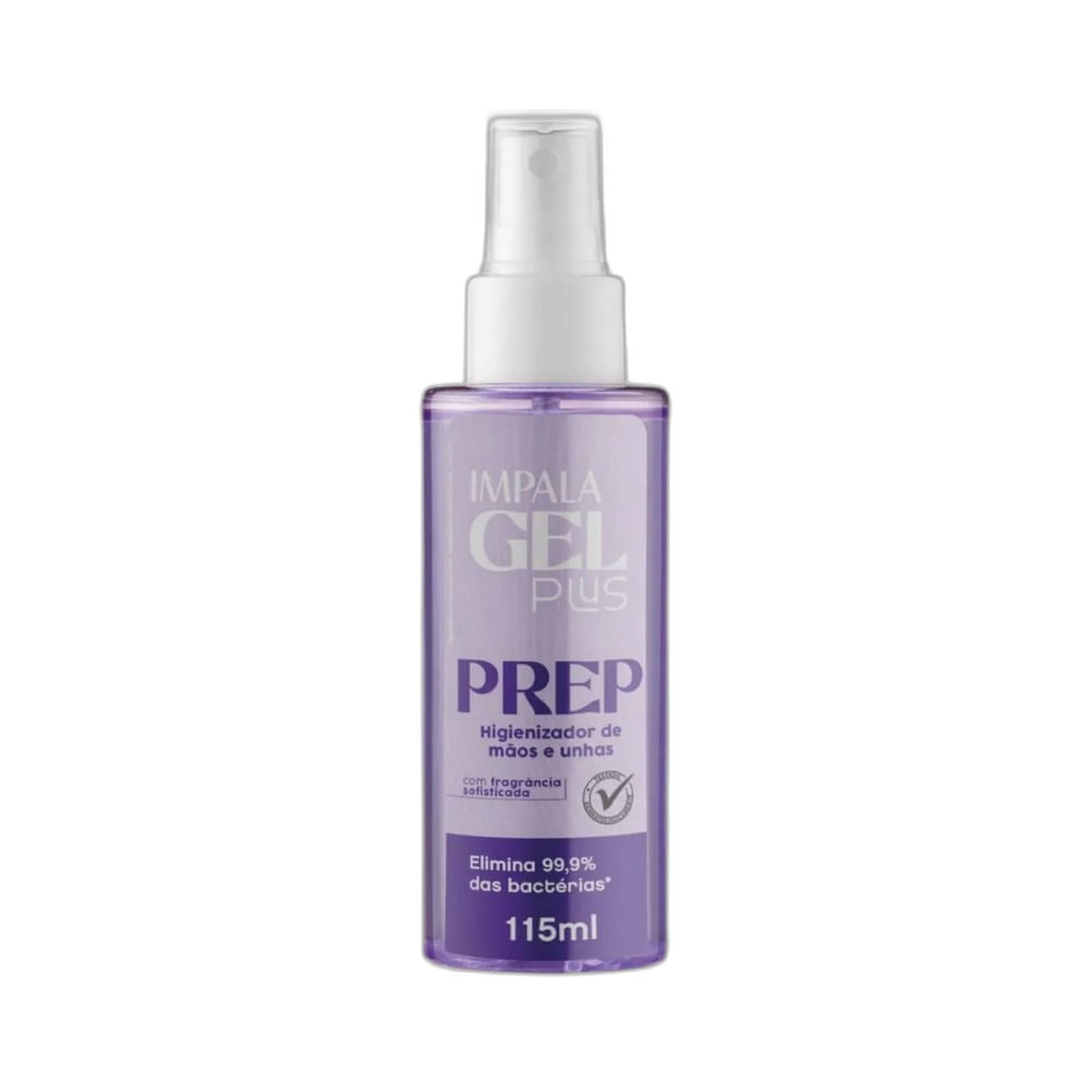 Caixa do Higienizador Impala Gel Plus Prep Mãos e Unhas 115ml em fundo branco.