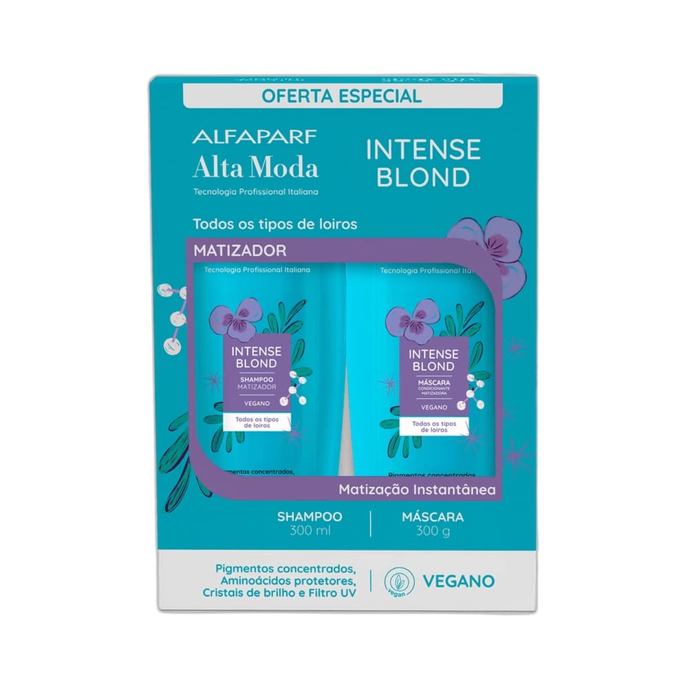 Embalagem do Kit Alta Moda Intense Blond com shampoo e máscara para cabelos loiros.