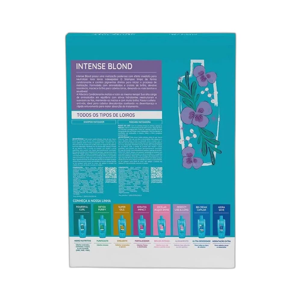 Kit Alta Moda Intense Blond com shampoo e máscara lado a lado em fundo branco.