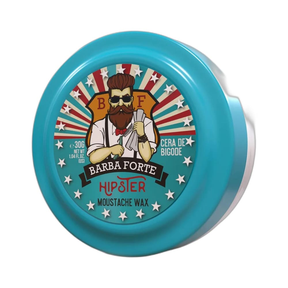 Cera de Bigode Barba Forte Hipster Moustache Wax 30g em pote azul com ilustração de homem barbudo.