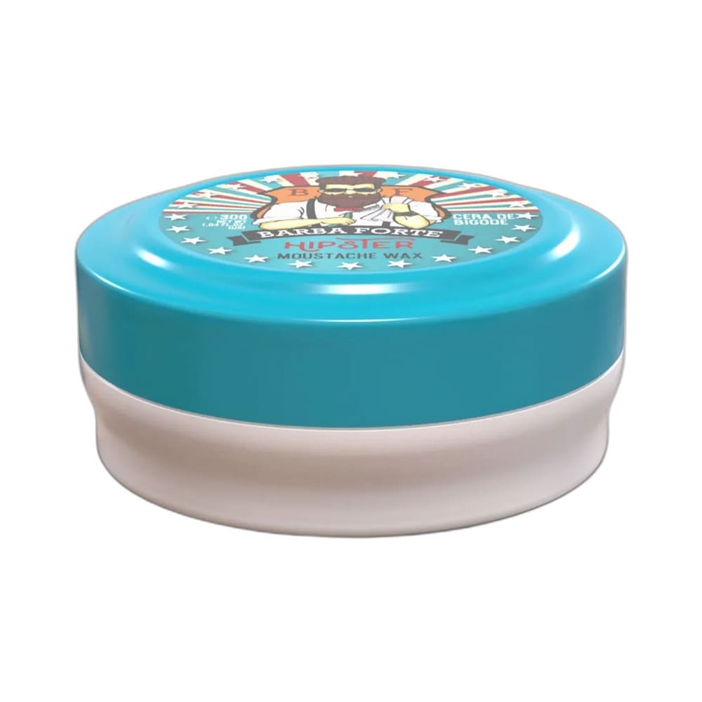Vista superior da Cera de Bigode Barba Forte Hipster Moustache Wax 30g em embalagem azul.