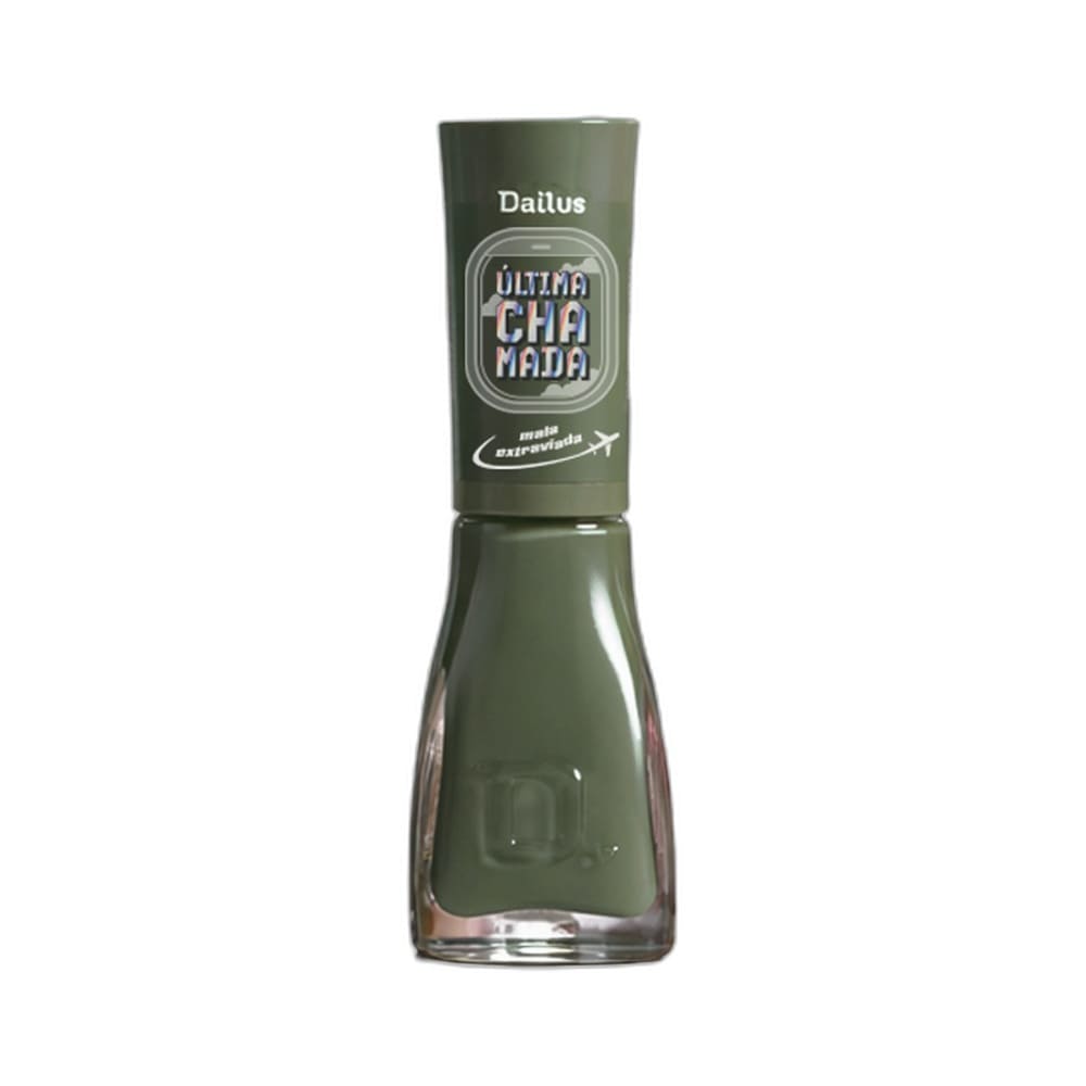 Esmalte Dailus Última Chamada Mala Extraviada com tampa verde escura e rótulo colorido.
