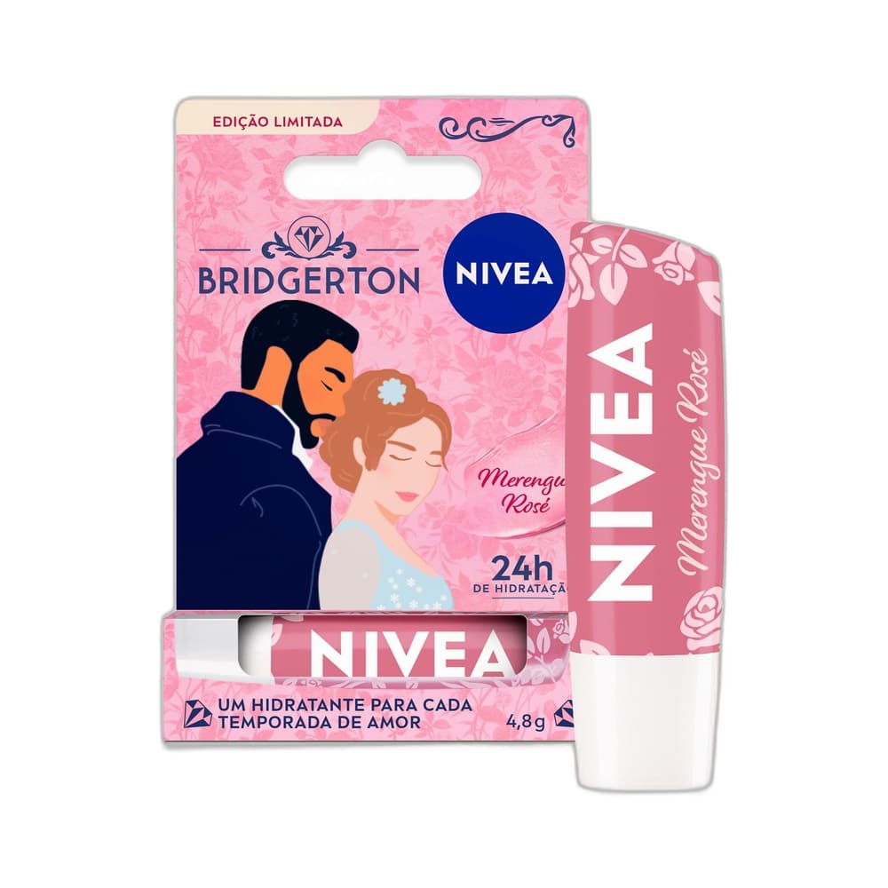 Embalagem frontal do Hidratante Labial Nivea Merengue Rosé Edição Limitada Bridgerton