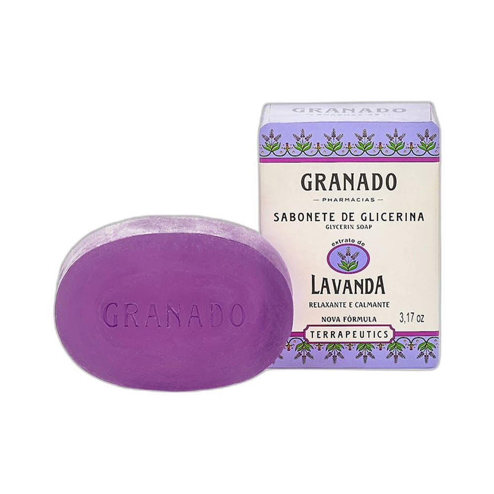 Sabonete em Barra Granado Terrapeutics Lavanda 90g ao lado da embalagem