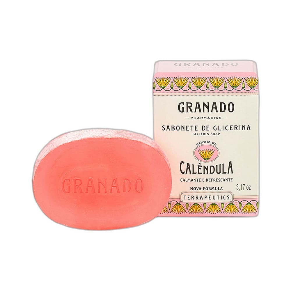 Sabonete em Barra Granado Terrapeutics Calêndula 90g com embalagem branca e rosa