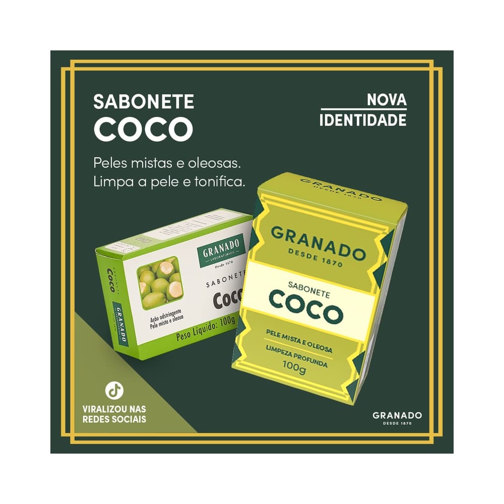 Barra de Sabonete Granado Coco 100g com embalagem verde e amarela em fundo branco