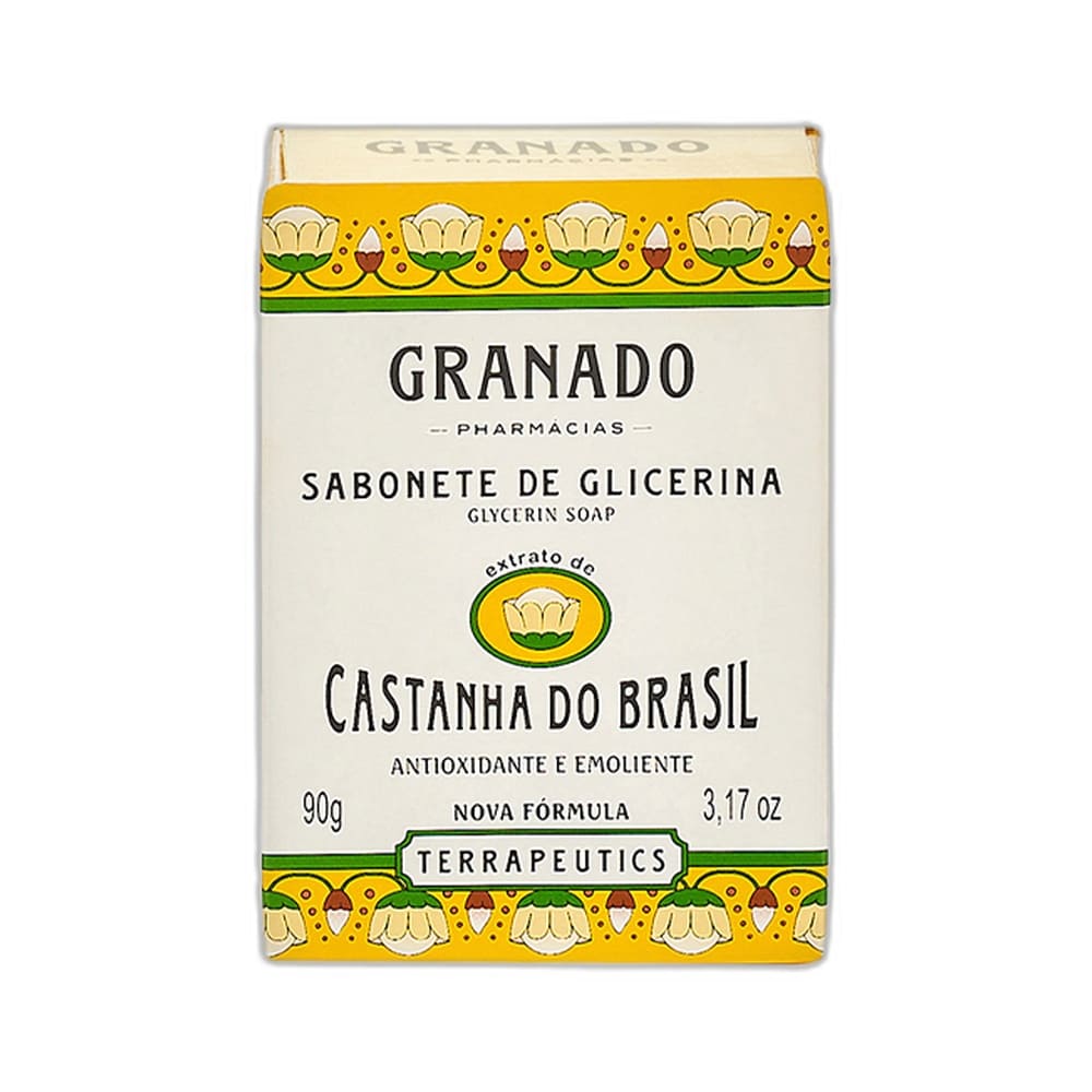 Sabonete em barra Granado Terrapeutics Castanha 90g e embalagem branca com detalhes coloridos