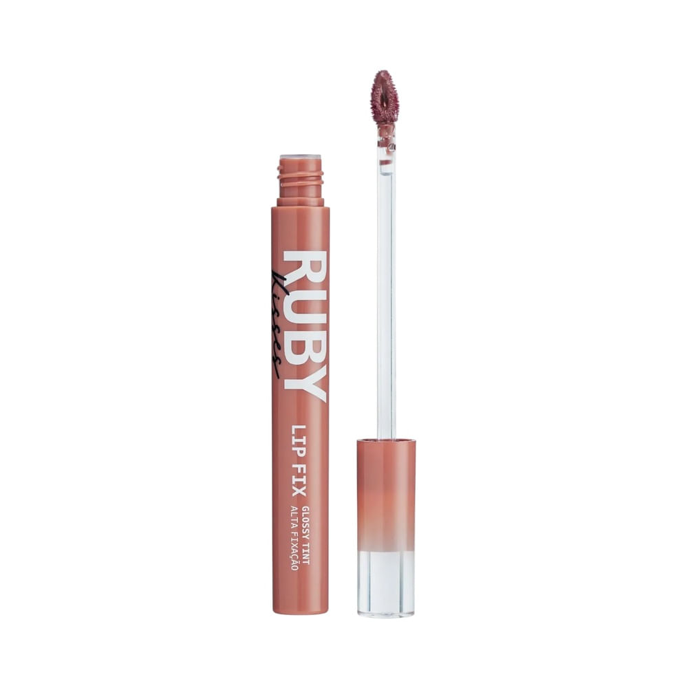 Batom líquido Ruby Kisses Lip Fix Glossy Tint Rosy Brown em embalagem transparente com tampa vermelha.