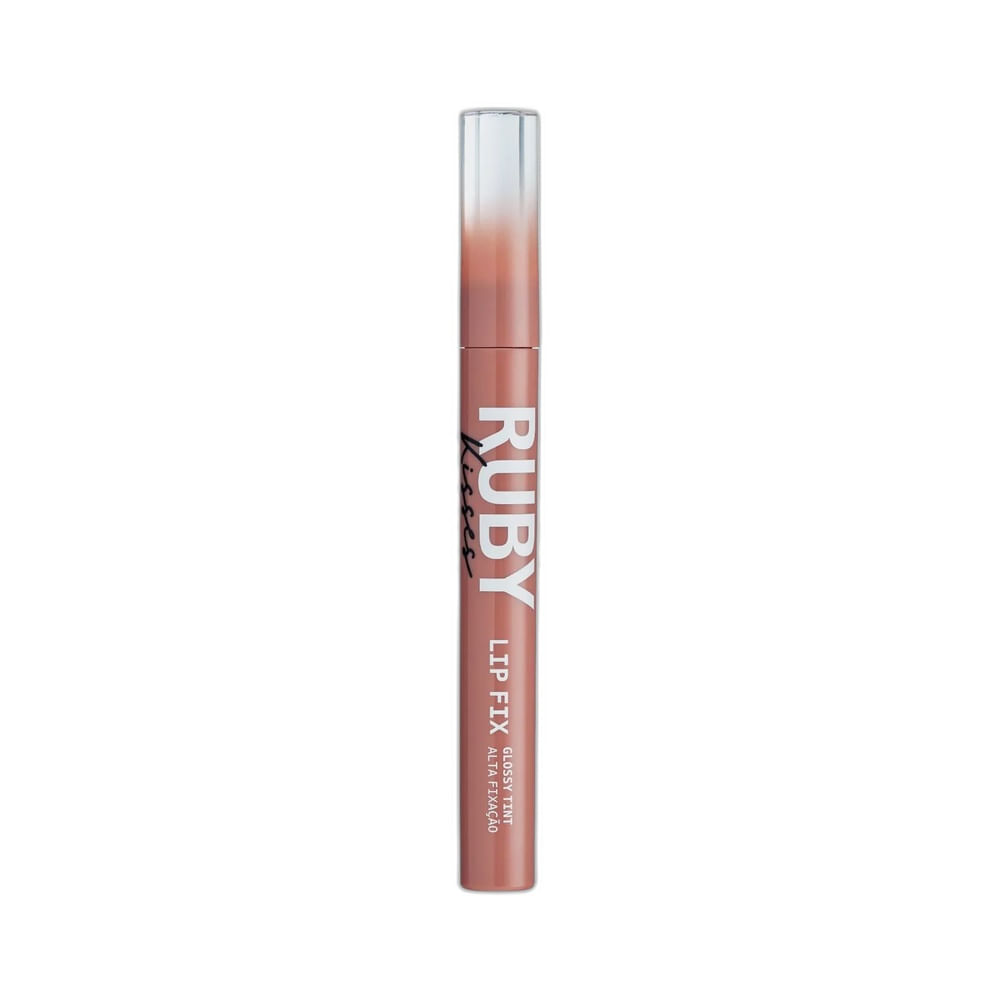 Batom líquido Ruby Kisses Lip Fix Glossy Tint Rosy Brown com aplicador exibindo o produto.