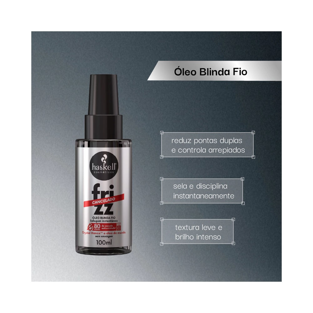 Óleo Capilar Haskell Frizz Cancelado Blinda Fio 100ml - frasco prateado com detalhes vermelhos