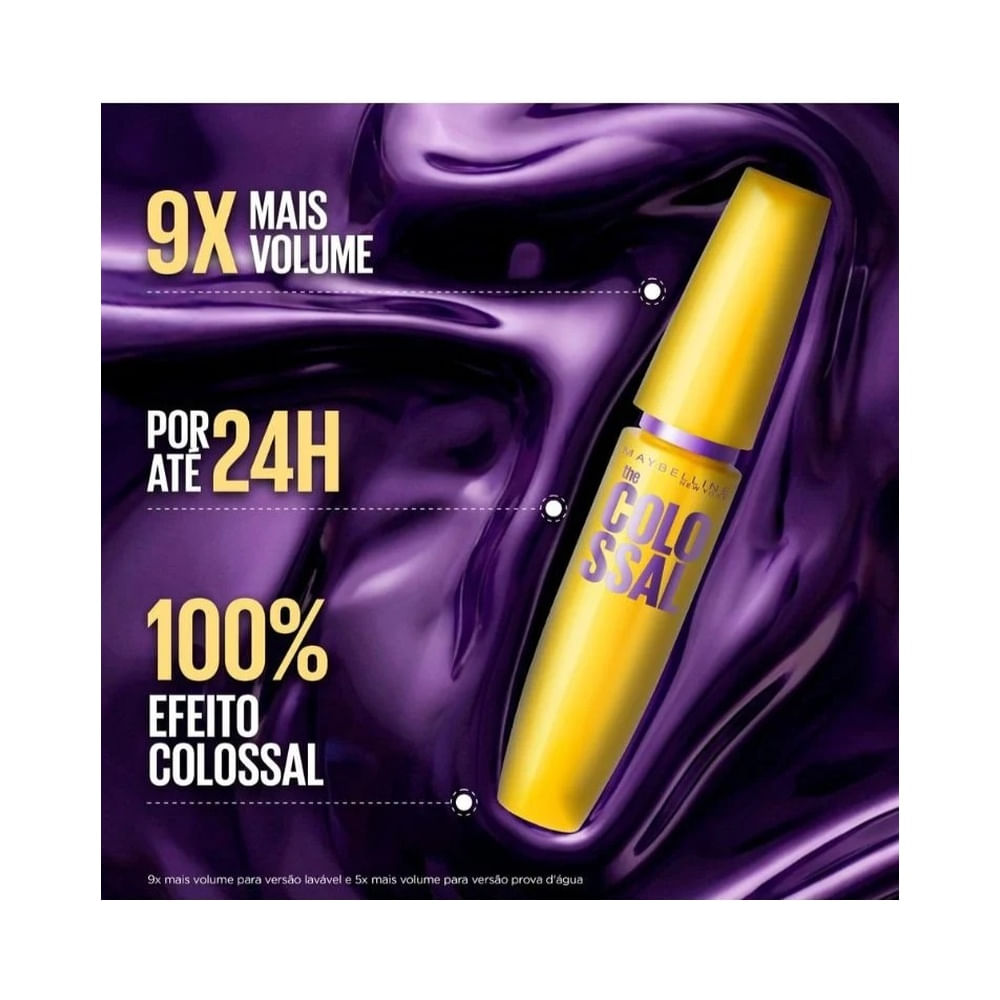 Máscara de cílios Maybelline The Colossal Volum' Express Lavável mostrando aplicador e embalagem