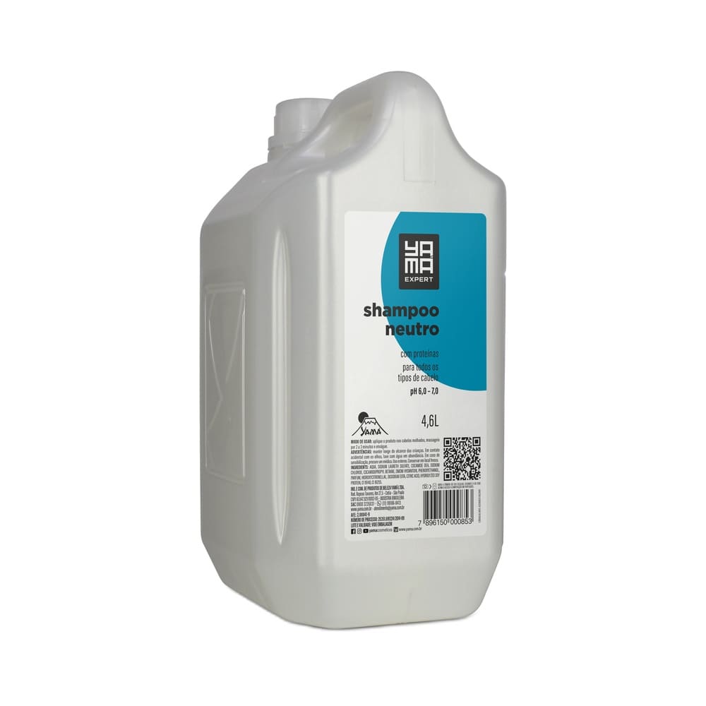 Galão de shampoo Yamá Neutro Com Proteínas 4600ml, em fundo branco, com etiqueta azul e branca.