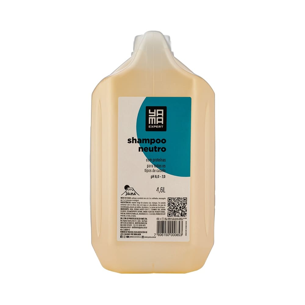 Galão de shampoo Yamá Neutro Com Proteínas 4600ml, em fundo branco, com etiqueta azul e branca.