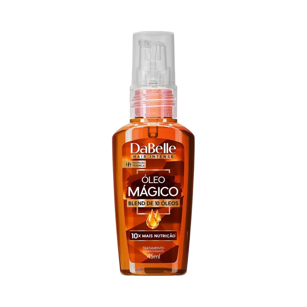 Frasco de Óleo Reparador Capilar Dabelle Óleo Mágico 45ml em fundo branco.