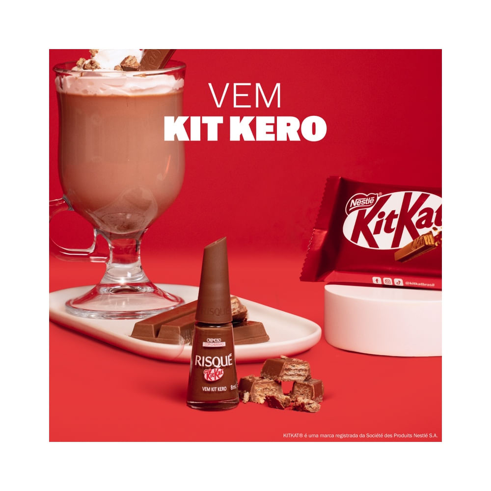 Frasco de esmalte Risqué & KitKat Vem Kit Kero, cor marrom claro, formato cônico e tampa pontuda