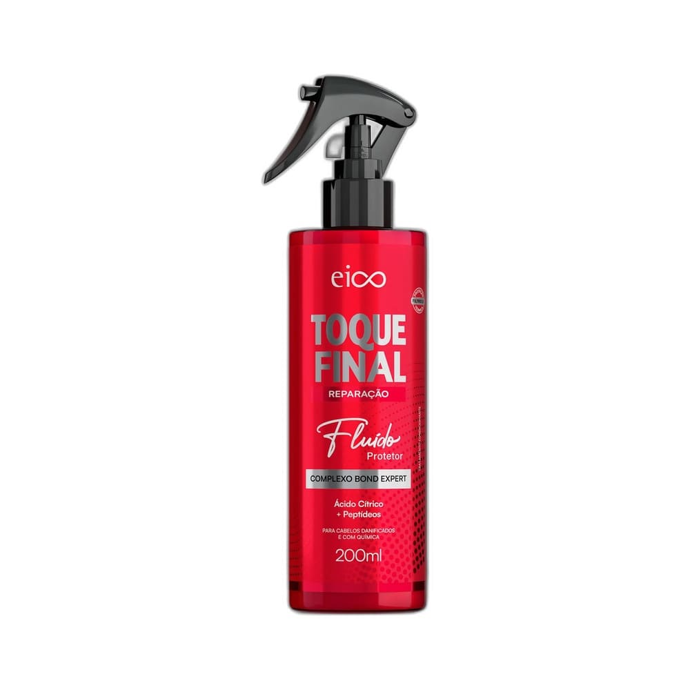 Frasco de spray vermelho com tampa preta, marca Eico, sobre fundo branco