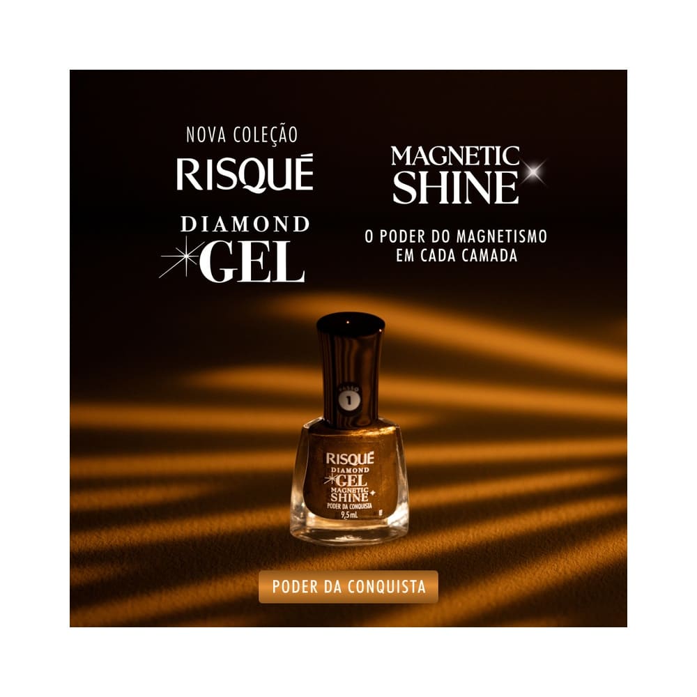 Frasco do esmalte Risqué Diamond Gel com detalhe no pincel e cor dourada